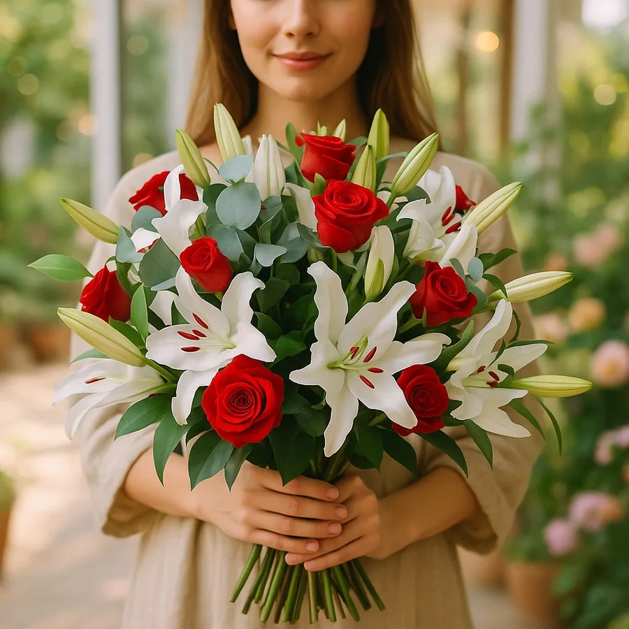 11 Rot Rosen und 5 Casablanca-Lilie