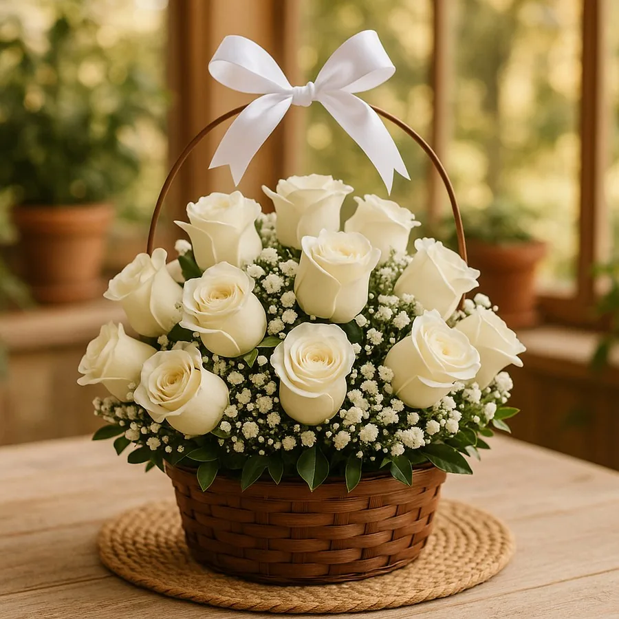 15 Weiß Rosen Korb