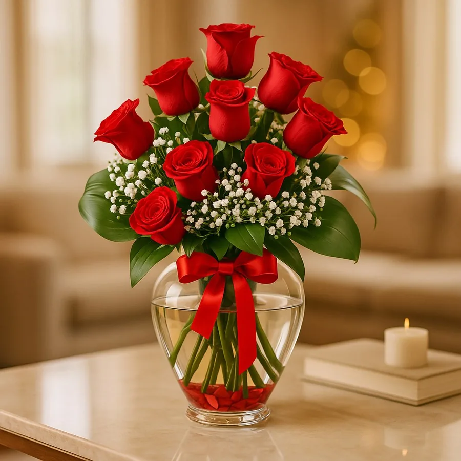 15 Rot Rosen in einer Herzvase