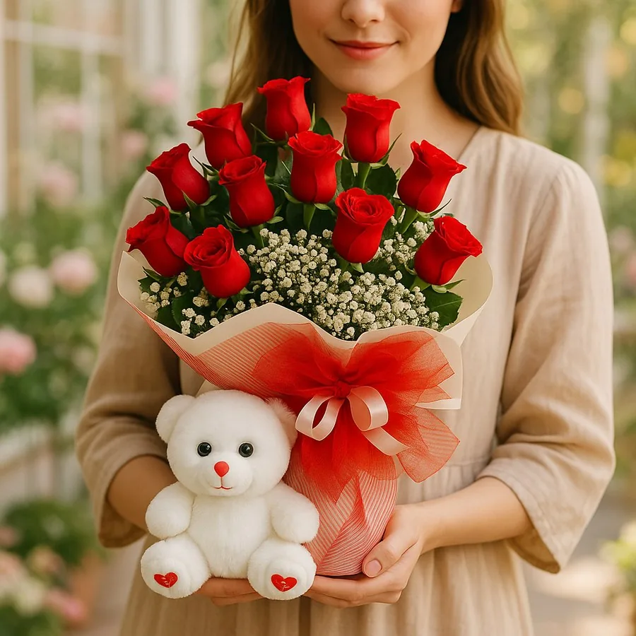15 Red Rose Bouquet and Teddy Bear