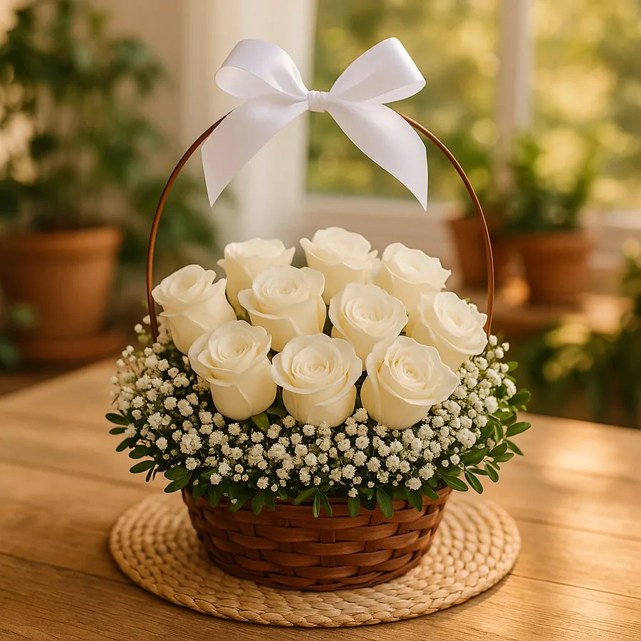 19 Weiß Rosen Korb