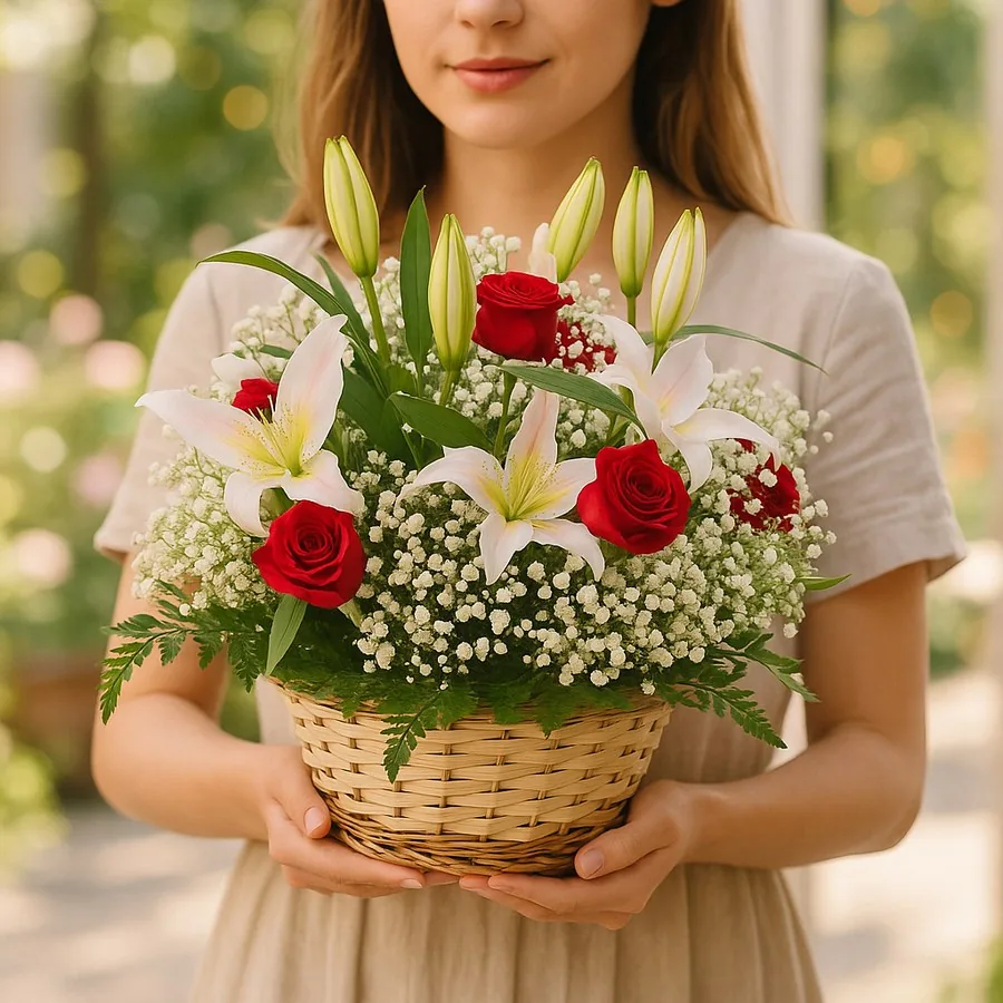 2 Weiß Lilie und 7 Rosen Gesteck