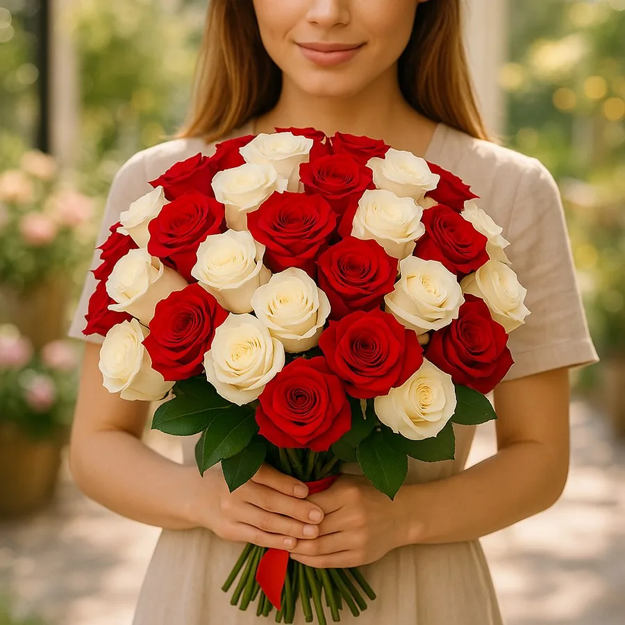 51 Red White Rose Bouquet