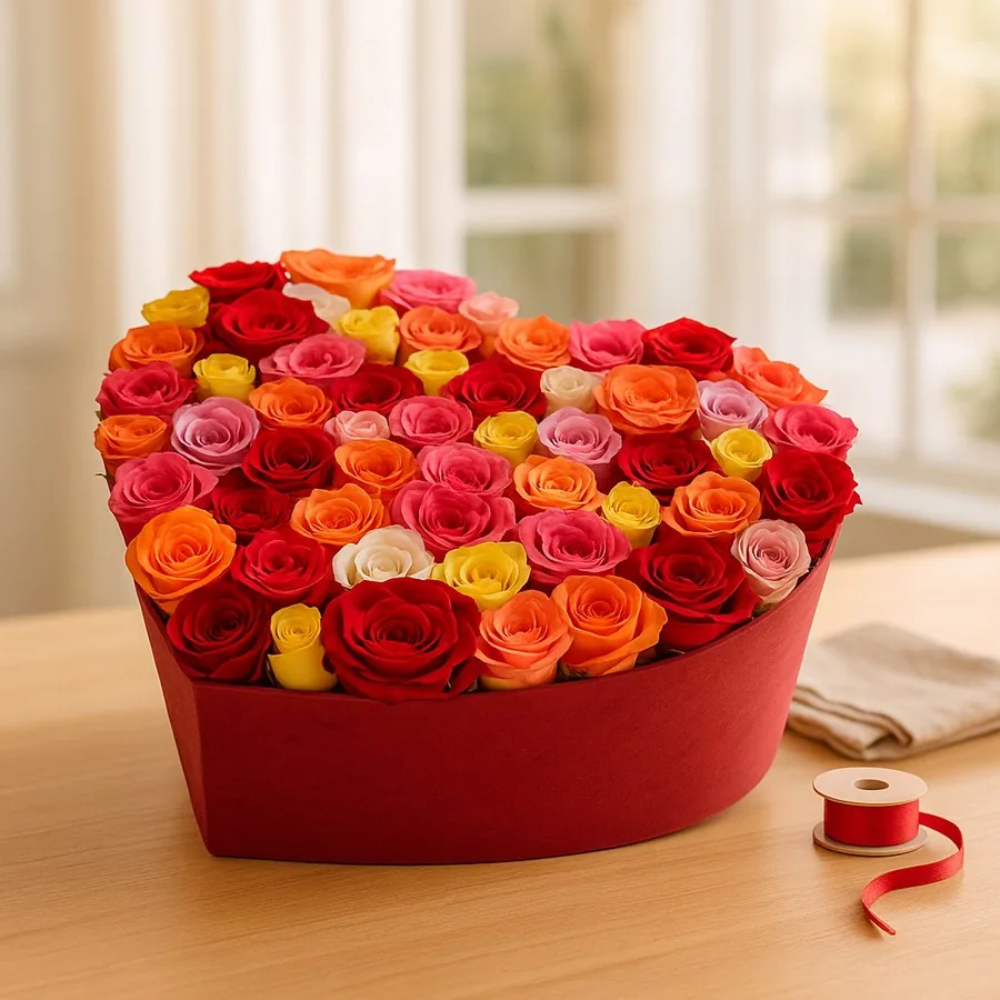55 Mixed Color Rose in a Heart Box