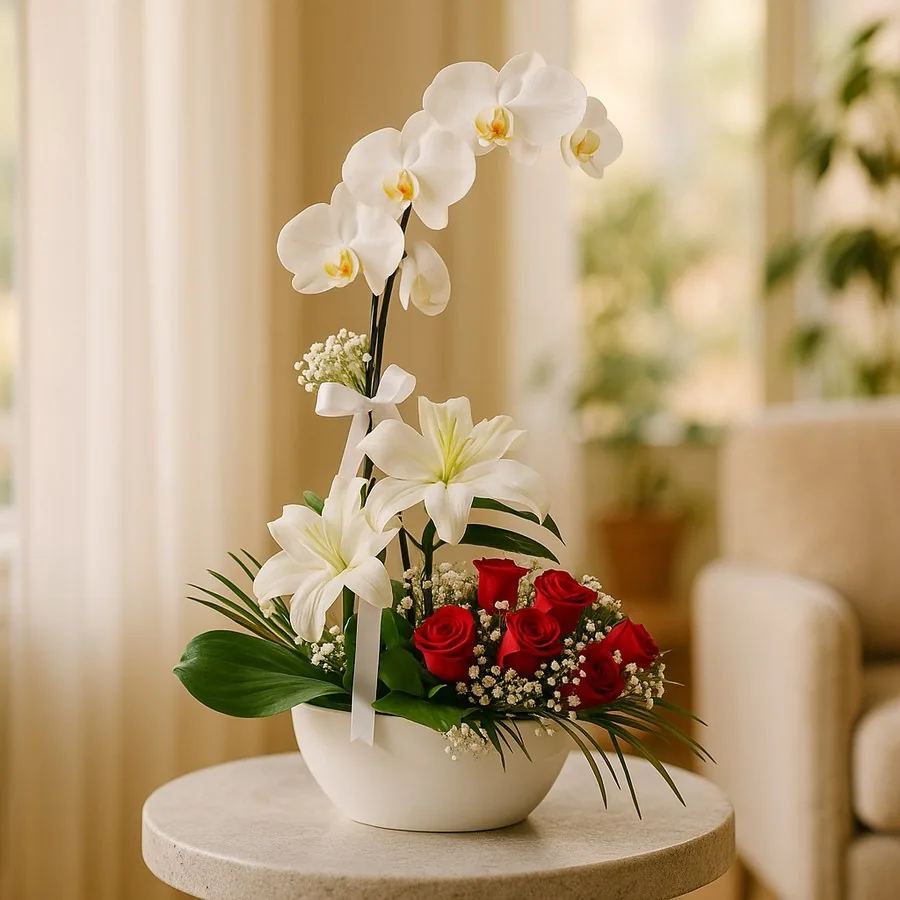 7 Rot Rosen Lilie und Orchidee