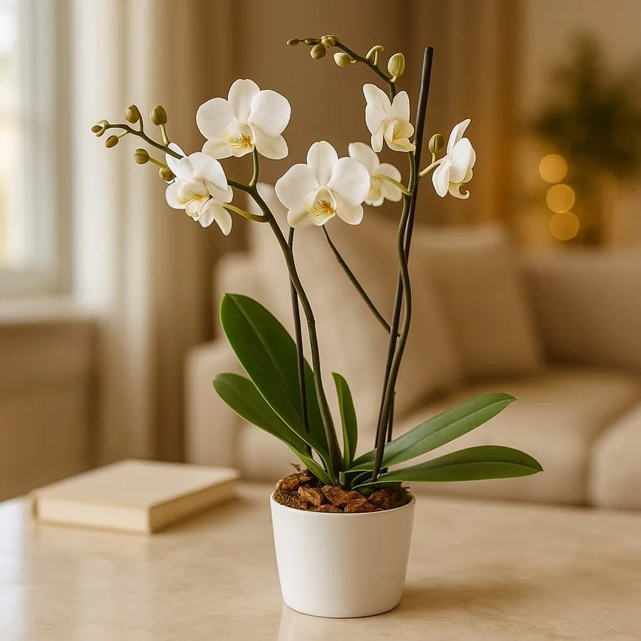 Zweistielig Weiß Orchidee in einer Keramikvase