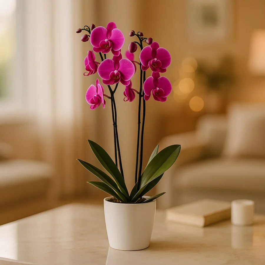 Zweistielig Lila Orchidee in einer Keramikvase