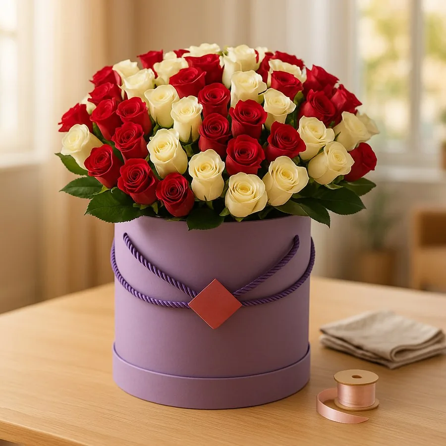 101 Red and White Rose in a Box